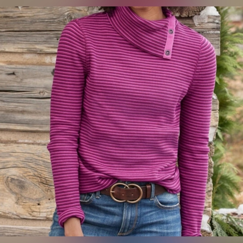 Sundance Women's Jessa Snap Neck Thermal Turtleneck Top Magenta Stripe Small